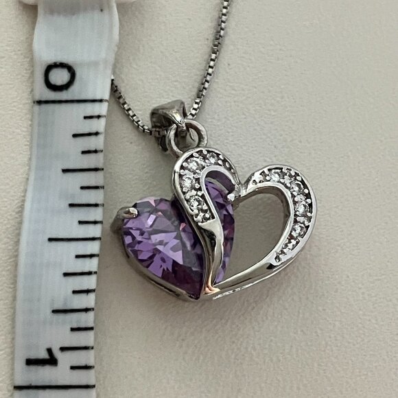 925 Sterling Silver Heart Pendant with Amethyst & clear CZ stones & 925 Chain 18 - Picture 4 of 6